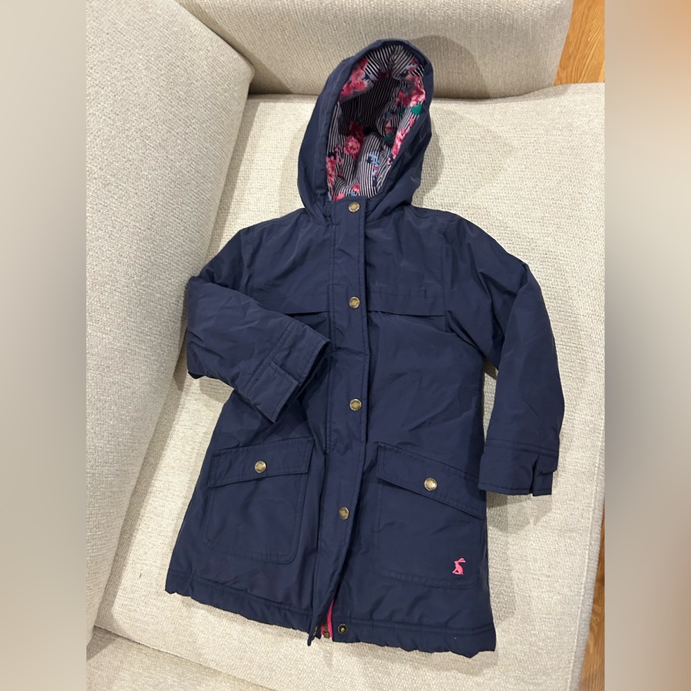Joules kids Navy fleece lined winter puffer coat with floral lined hood